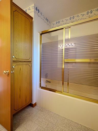 Primary bathroom shower, and built in linen closet.