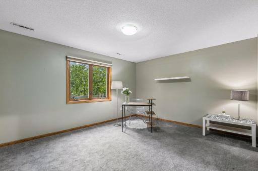 Larger lower level bedroom with closet, overlooking the lower deck