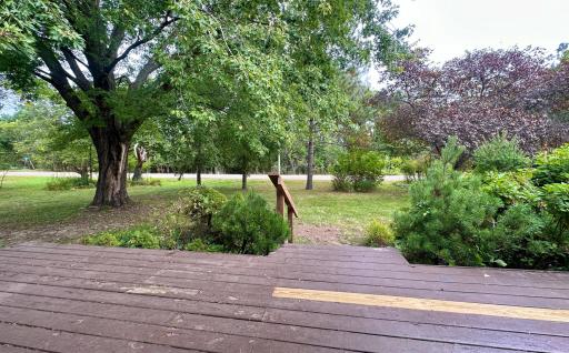 A view across the front lawn to the street from the front porch.