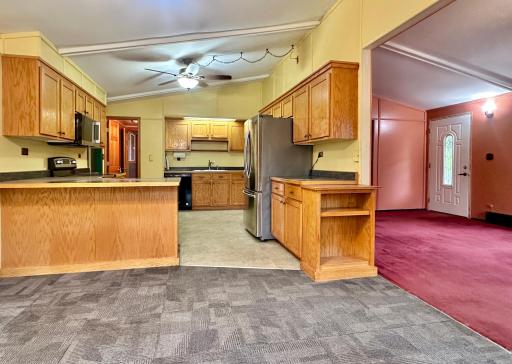This view from the dining room shows how much storage and counter space this kitchen has to offer.