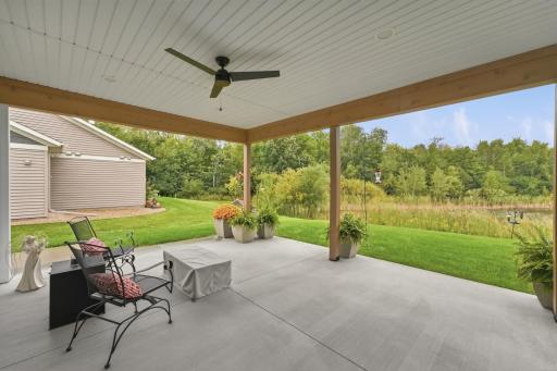Expansive patio for any arrangement of living/dining furniture, outdoor grill/kitchen, garden patio-pots. Easily install screens to extend your outdoor season. Enjoy bird watching, along with a variety of turkeys, deer & more of nature's friends.