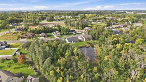 Stunning aerial view of dense woods behind the home and a treasured pond to watch nature throughout the changing seasons. Sidewalks lead to winding walking paths through the woods. The Quarry Woods neighborhood has a unique variety of home designs.