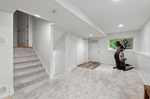 Durable landing area for outdoor gear and a nearby closet for storage.