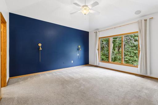 Primary bedroom suite with pan vault ceiling, oversized picture window, private full bath and a walk-in closet.
