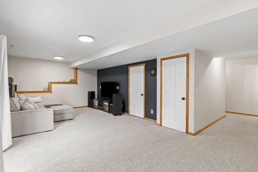 basement living room with walkout patio angle 2 (2 storage closet door accesss in this picture)