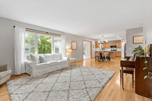 living room view with kitchen in background