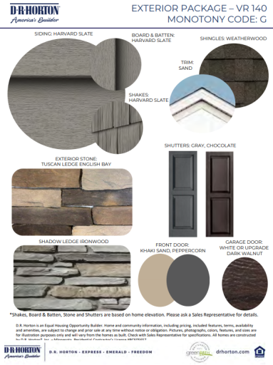 Exterior Color Selections. Front door will be a dark gray called Peppercorn. Garage will be dark walnut. Stone will be shadow ledge ironwood.