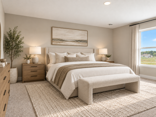 Primary bedroom with tons of space and loads of natural light. *Photo of similar home. Virtually staged.