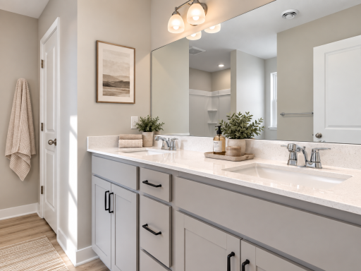 Primary ensuite with dual vanities, 5 ft. shower and linen closet. *Photo of similar home. Virtually staged.