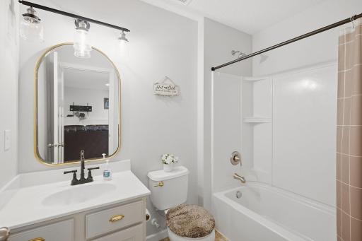 Lower level full bath with Pottery Barn mirror, Innovations lighting, Rejuvenation hardware/fixtures, Delta faucet.