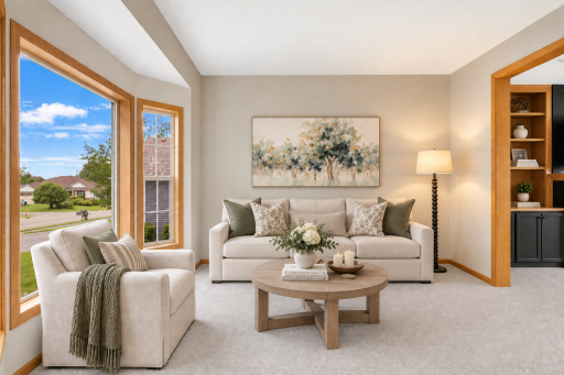 The sun-filled formal living room features a beautiful bay window, plush new carpeting, and the perfect setting for entertaining guests or enjoying a quiet retreat. Virtual