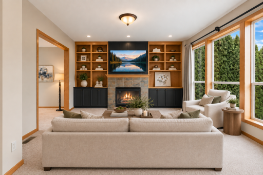 The inviting great room showcases custom built-in cabinetry, a cozy gas fireplace, oversized windows, and abundant natural lightâcreating the perfect gathering space for family and friends. Virtual staging.