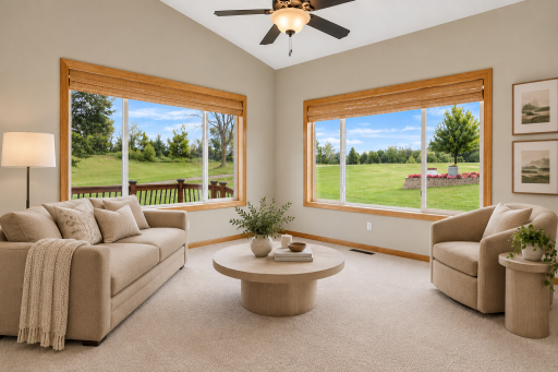 The bright and inviting sunroom is surrounded by walls of windows, offering panoramic golf course views and a peaceful retreat to enjoy every season. Virtual staging.