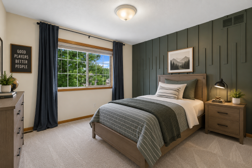 Spacious fourth bedroom upstairs featuring a custom designer accent wall, plush carpeting, generous closet space, and abundant natural lightâperfect for family, guests, or a home office. Virtual staging.