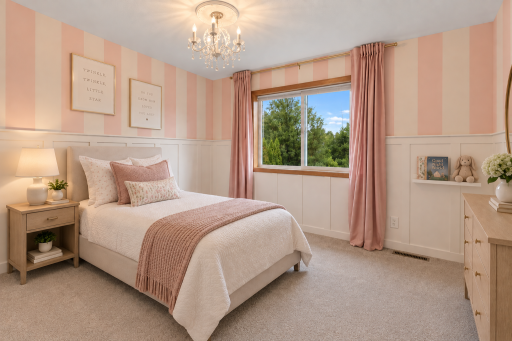 Charming third bedroom upstairs with custom board and batten detailing, designer accent wall, elegant lighting, and abundant natural light. Virtual staging.