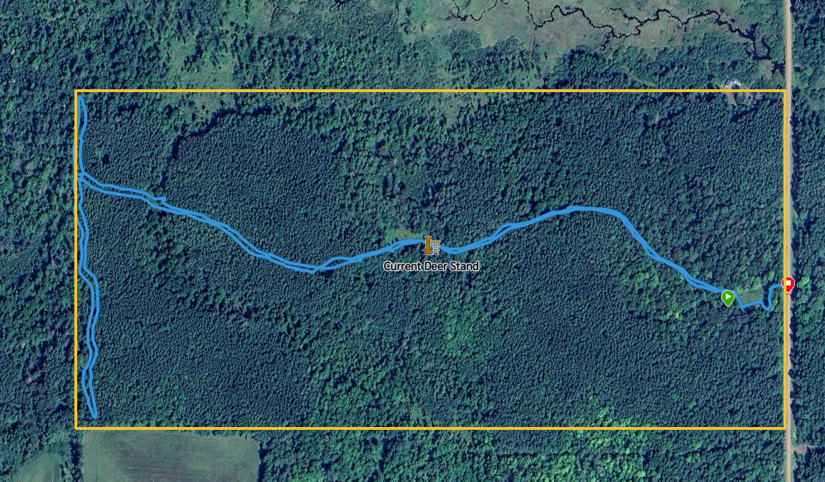 A map of the two parcels (boundary is approximate here). The blue line represents the current trail through the property which for most of its length could be passed with a 4WD vehicle or ATVs. At the middle is the current deer stand.