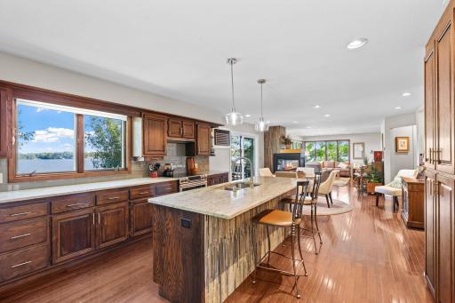 There is no shortage of workspace in this kitchen, and the lake view is a bonus.