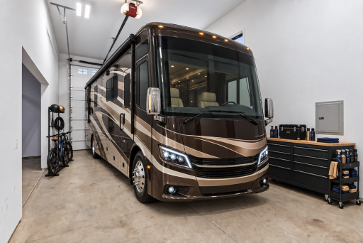 The ultimate luxury toy garage with a 14 foot overhead door and 40 foot long. This photo is virtually staged with A.I.