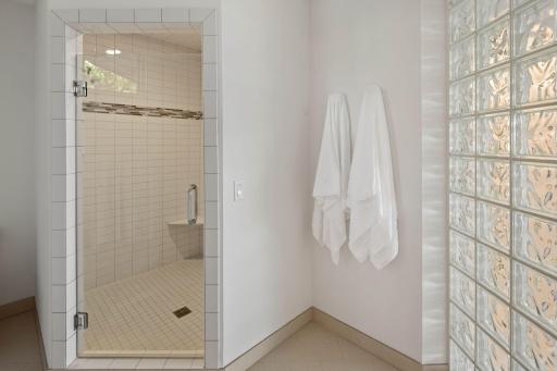 Spacious shower and water closet room, glass block allows additional natural light into the space.