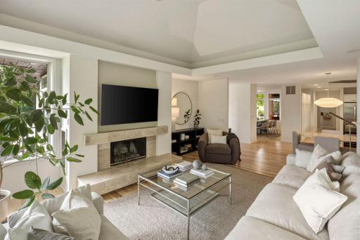 Hearth Room with wood burning fireplace.