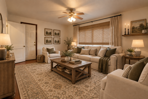 Inside, you'll find original plank flooring in the living room and throughout the upper-level bedrooms, adding character and a connection to the home's history. Leave the floors natural and add a rug for a classic vintage look! Photo virtually staged