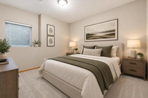 Comfortable lower-level bedroom offering a bright, welcoming space for guests, a home office, or additional living accommodations. Virtually staged to illustrate the room’s potential.