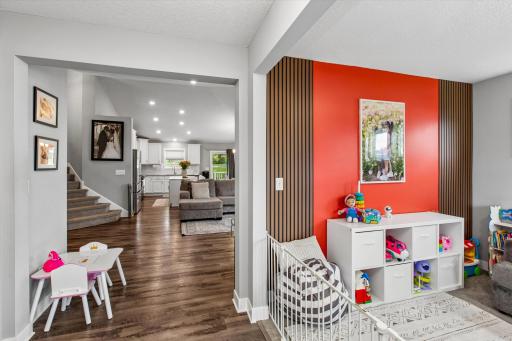 Wood cladding on wall adds subtle character
