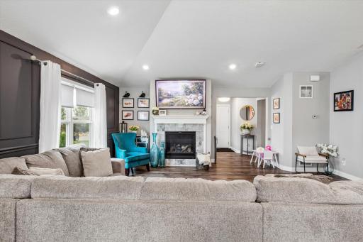 Gas fireplace with tile surround to anchor the room