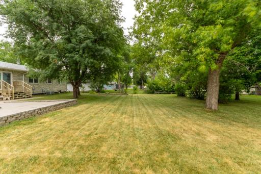 Expansive lawn with mature trees and open green space