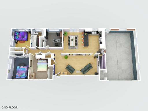 3D main level layout with kitchen, dining, living room, bedrooms, bathroom, and attached garage