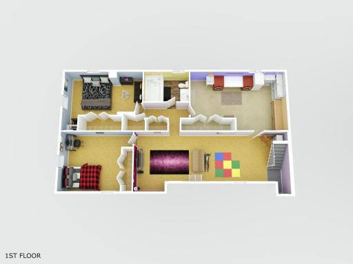 3D lower level layout with rec room, bedrooms, bathroom, and laundry and utility area