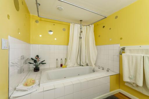 Lower level bathroom with large soaking tub, tile surround, and overhead shower