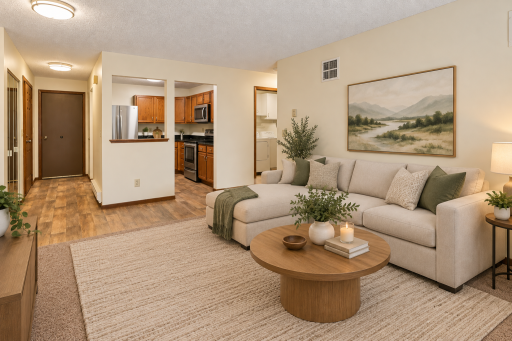 Photo for 1581 Wheelock Lane, 206, Saint Paul, MN 55117 - listing #7144976 Virtually staged living room and ktichen.