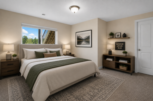 Lower-level bedroom with natural light and flexible layout, ideal for guests, office, or private retreat. (virtually staged)