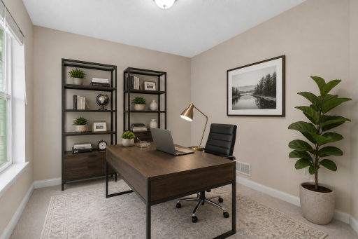 Versatile main-floor office or bedroom with large window, ideal for guests or remote work (virtually staged). Brand new carpet 2026.