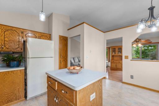 Kitchen view to upper level living room