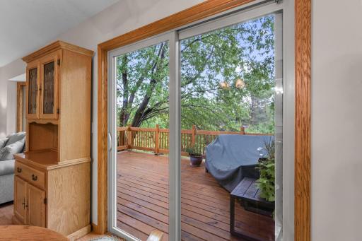 Upper level patio door with access to deck and mature trees in back yard