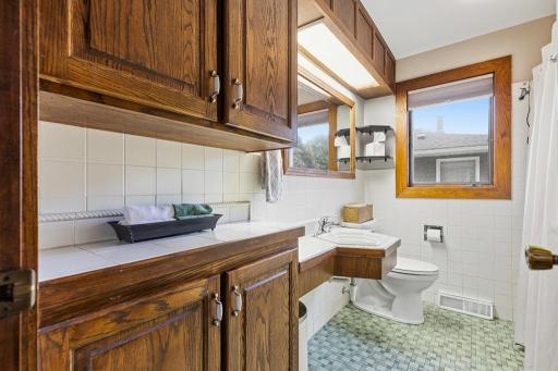 Main floor full bathroom with multi-tier countertop