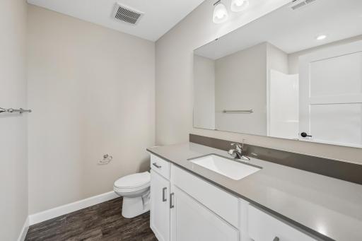 Lower level bath, with large vanity space and LVT flooring.