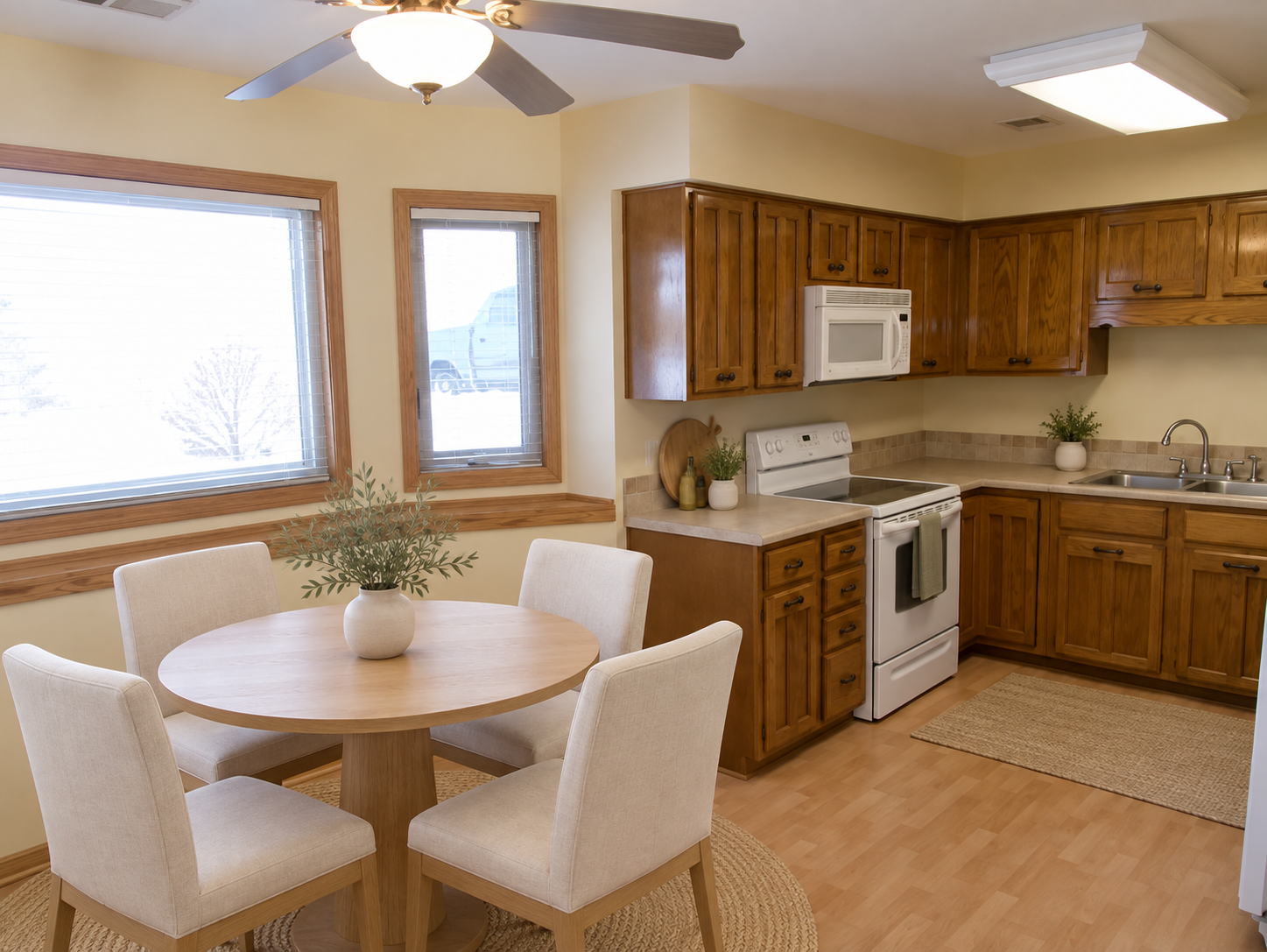 Lower level kitchen and dining area (virtually staged).