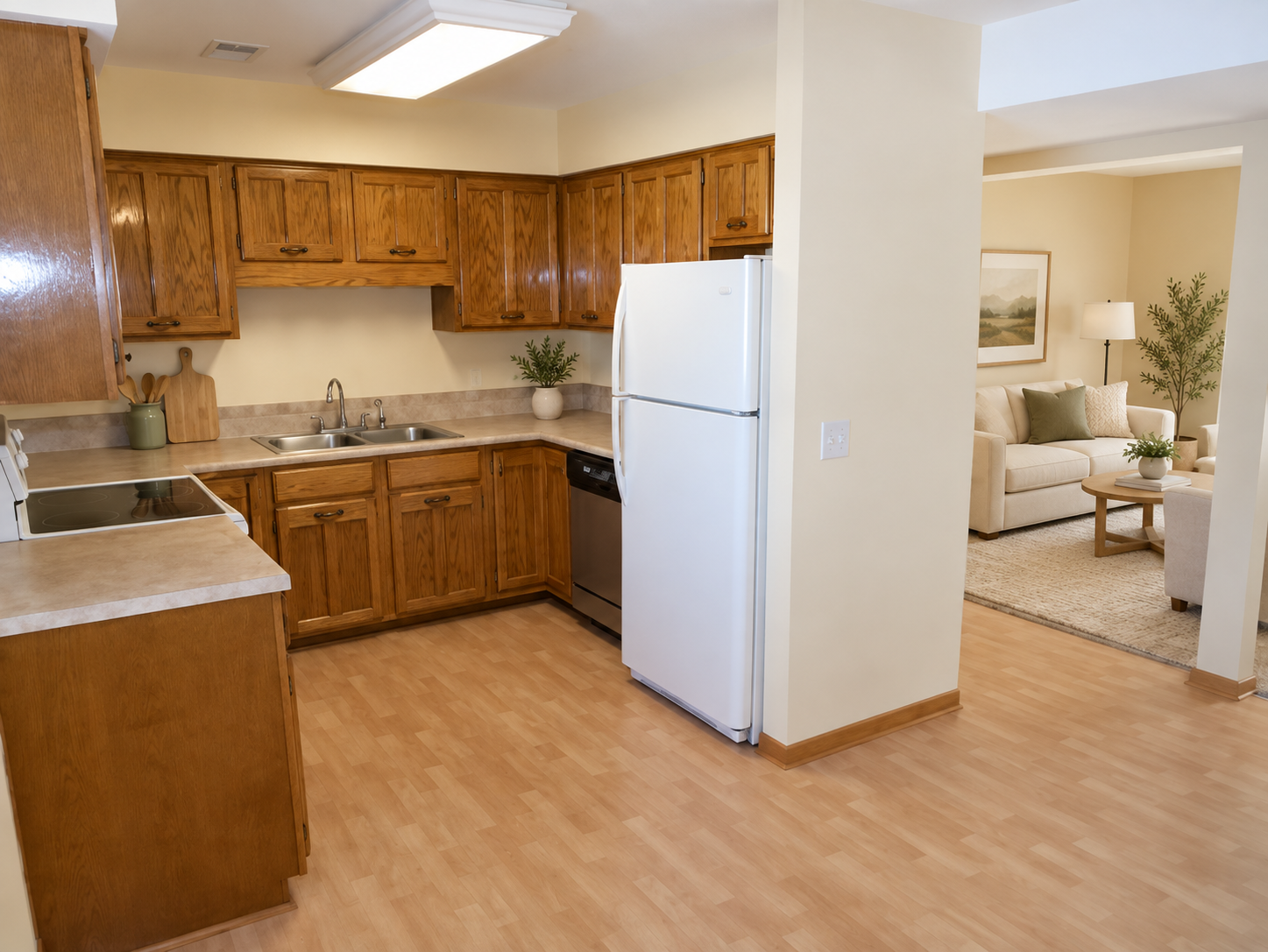 Lower level kitchen and living room. (virtually staged).