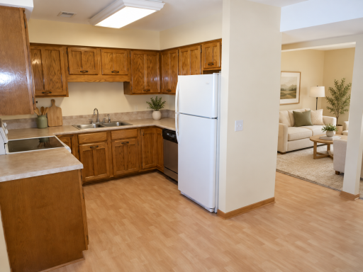 Lower level kitchen and living room. (virtually staged).