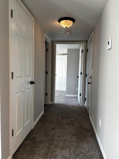 Hallway to lower-level bedroom. Water heater closet and large bathroom on the left. Access to garage on the right.