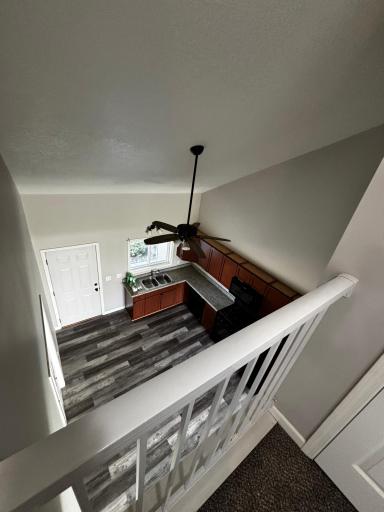 View from upper level to kitchen
