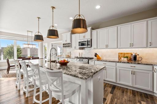 Beautifully appointed kitchen with enameled white cabinetry and granite countertops.