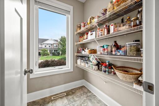 Walk-in Pantry with Ample Storage Space offers valuable storage just steps from the kitchen and a large window for natural lighting.