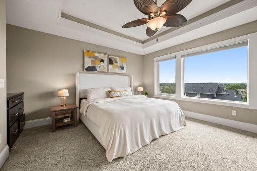 Box-vault ceiling with ambient lighting adds dimension and character to the primary bedroom.