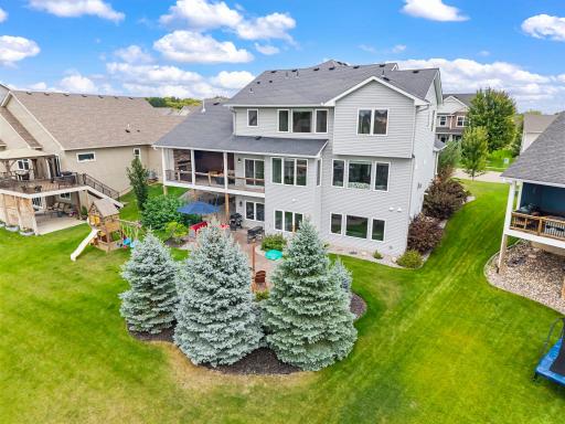 Mature pine trees provide a beautiful natural backdrop to the outdoor setting.