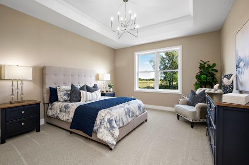 Owners suite with vaulted ceiling, crown molding, textured carpet and pretty views of the pond and trees.