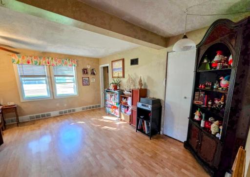 Laminate flooring & spacious storage closet under the stairway.